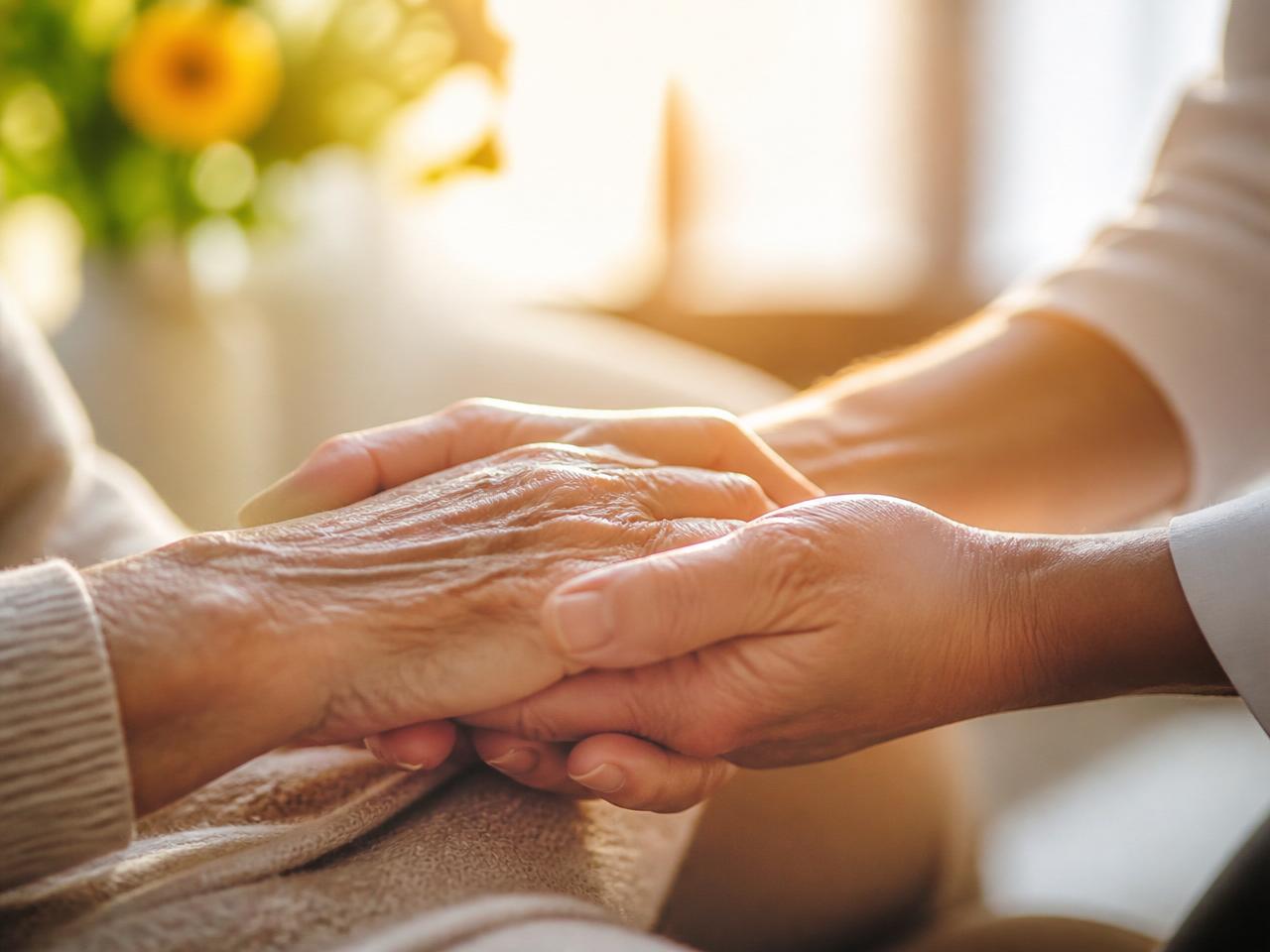 A caregiver and loved one holding hands in warm morning light