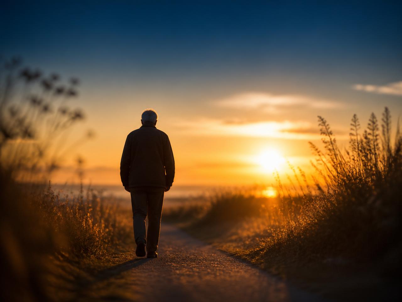 A person walking along a peaceful coastal path at sunset